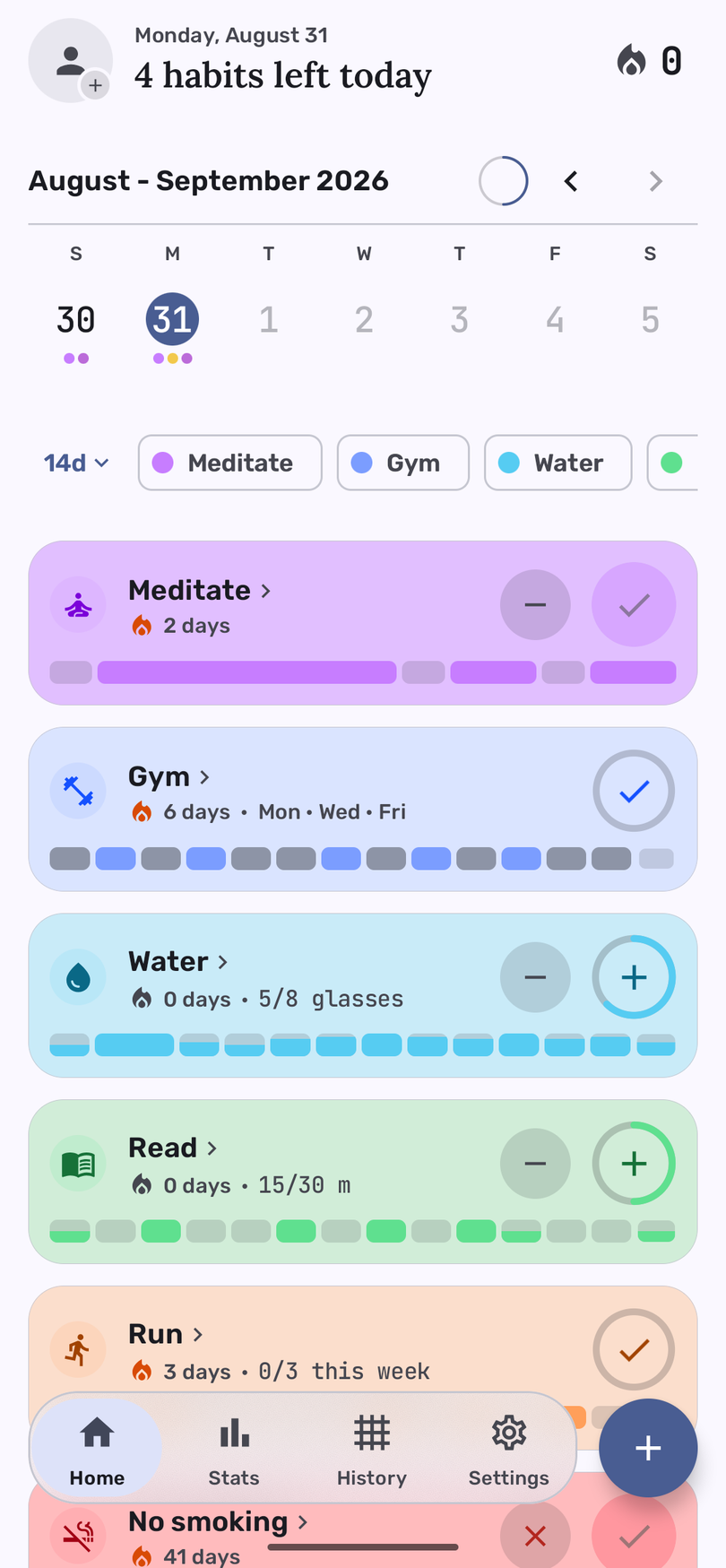HabitGrid in light theme: five habit cards, each wearing its habit's colour.